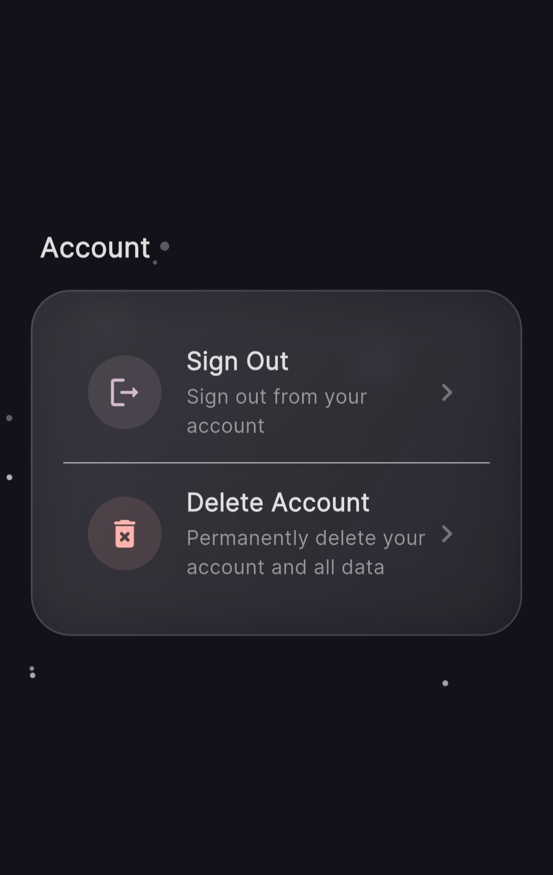 Settings screen showing Sign Out and Delete Account options